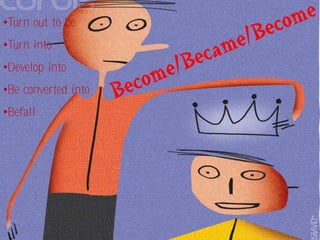 •Turn out to be
•Turn into
•Develop into
•Be converted into
•Befall
 