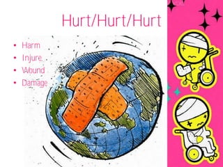 Hurt/Hurt/Hurt
•   Harm
•   Injure
•   Wound
•   Damage
 
