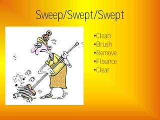 Sweep/Swept/Swept
           •Clean
           •Brush
           •Remove
           •Flounce
           •Clear
 