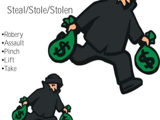 Steal/Stole/Stolen

•Robery
•Assault
•Pinch
•Lift
•Take
 