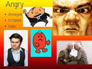 Angry
• Annoyed
• Irritated
• Irate
 