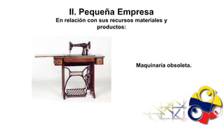 II. Pequeña Empresa
En relación con sus recursos materiales y
               productos:




                             Maquinaria obsoleta.
 