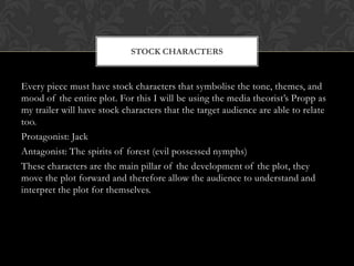 STOCK CHARACTERS

Every piece must have stock characters that symbolise the tone, themes, and
mood of the entire plot. For this I will be using the media theorist’s Propp as
my trailer will have stock characters that the target audience are able to relate
too.
Protagonist: Jack
Antagonist: The spirits of forest (evil possessed nymphs)
These characters are the main pillar of the development of the plot, they
move the plot forward and therefore allow the audience to understand and
interpret the plot for themselves.

 