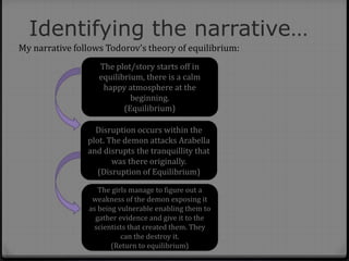 Identifying the narrative…
My narrative follows Todorov’s theory of equilibrium:
The plot/story starts off in
equilibrium, there is a calm
happy atmosphere at the
beginning.
(Equilibrium)
Disruption occurs within the
plot. The demon attacks Arabella
and disrupts the tranquillity that
was there originally.
(Disruption of Equilibrium)
The girls manage to figure out a
weakness of the demon exposing it
as being vulnerable enabling them to
gather evidence and give it to the
scientists that created them. They
can the destroy it.
(Return to equilibrium)
 