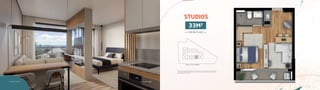 l i v i n g s t u d i o perspectiva ilustrada do living studio
STUDIOS
33M2
P R I VAT I V O S
Planta artística do apartamento tipo, studios final 8 – 33m² privativos (do 2º ao 6º pavimento). Planta com sugestão de
decoração. Os móveis, eletrodomésticos, eletrônicos e elementos de decoração não fazem parte do contrato de compra e
venda da unidade. Medidas de face a face.
 