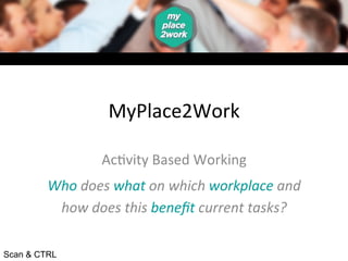 MyPlace2Work 
Ac/vity 
Based 
Working 
Who 
does 
what 
on 
which 
workplace 
and 
how 
does 
this 
benefit 
current 
tasks? 
Scan & CTRL 
 