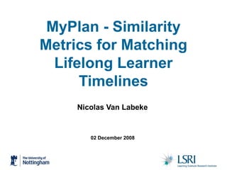 02 December 2008
MyPlan - Similarity
Metrics for Matching
Lifelong Learner
Timelines
Nicolas Van Labeke
 