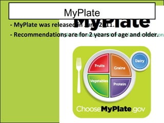 MyPlate
- MyPlate was released in June 2011.
- Recommendations are for 2 years of age and older.

 