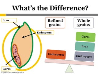 What’s the Difference?
 Bran                          Refined   Whole
                               grains    grains
                         Endosperm




 Germ
NDSU Extension Service
 