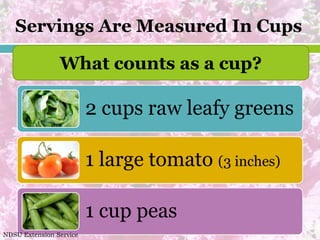 Servings Are Measured In Cups

                What counts as a cup?

                         2 cups raw leafy greens

                         1 large tomato (3 inches)

                         1 cup peas
NDSU Extension Service
 
