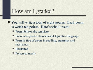 How am I graded?
You will write a total of eight poems. Each poem
is worth ten points. Here’s what I want:







Poem follows the template.
Poem uses poetic elements and figurative language.
Poem is free of errors in spelling, grammar, and
mechanics.
Illustrated
Presented neatly

 