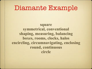 Diamante Example square symmetrical, conventional shaping, measuring, balancing boxes, rooms, clocks, halos encircling, circumnavigating, enclosing round, continuous circle 