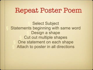 Repeat Poster Poem Select Subject Statements beginning with same word Design a shape Cut out multiple shapes One statement on each shape Attach to poster in all directions 