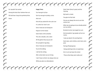 So I wouldn’t be named

Happy Times

Among the fools that t believe thee not

You have got my face

Oh God how I long to be perfectly thine

Got my nose got my body, curves

Amen

And curls
And still you adored for the cuter one
It’s unfair but I don’t care

Sister Sister Dance’s poses and the
rhyming
My head in a book
You give me that look
Yet you are always the one to ace that
science test

Once I know we are having fun

When we are going out you already picked
out my clothes

Popcorn to the movies

Brushed my hair rearranged my curls

Sister Sister at the schoolies

And everywhere I go people call out our
names

The call us double, call us twin
All the games they say you win

I owe you big for this exciting fame

Am just glad to tag along

Same eyes, same clothes, same look, same
pose

Once I know we are having fun

Pairing off playing love

You do the talking

Doing switching tricks on stupid boys

I will do the smiling

Arm in arm we leave the school

After school when we are liming

Those school days were really cool

I don’t have to think I am always time out
While you plan our whereabouts

 