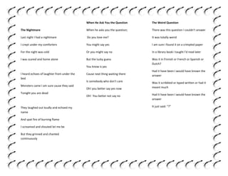 When He Ask You the Question

The Weird Question

The Nightmare

When he asks you the question;

There was this question I couldn’t answer

Last night I had a nightmare

Do you love me?

It was totally weird

I crept under my comforters

You might say yes

I am sure I found it on a crimpled paper

For the night was cold

Or you might say no

In a library book I taught I’d read later

I was scared and home alone

But the lucky guess

Was it in Finnish or French or Spanish or
Dutch?

You know is yes
I heard echoes of laughter from under the
bed
Monsters came I am sure cause they said
Tonight you are dead

They laughed out loudly and echoed my
name
And spat fire of burning flame
I screamed and shouted let me be
But they grinned and chanted
continuously

Cause next thing waiting there
Is somebody who don’t care
Oh! you better say yes now
Oh! You better not say no

Had it have been I would have known the
answer
Was it scribbled or typed written or had it
meant much
Had it have been I would have known the
answer
It just said: “?”

 