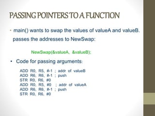 PASSINGPOINTERSTOAFUNCTION
• main() wants to swap the values of valueA and valueB.
passes the addresses to NewSwap:
NewSwap(&valueA, &valueB);
• Code for passing arguments:
ADD R0, R5, #-1 ; addr of valueB
ADD R6, R6, #-1 ; push
STR R0, R6, #0
ADD R0, R5, #0 ; addr of valueA
ADD R6, R6, #-1 ; push
STR R0, R6, #0
 