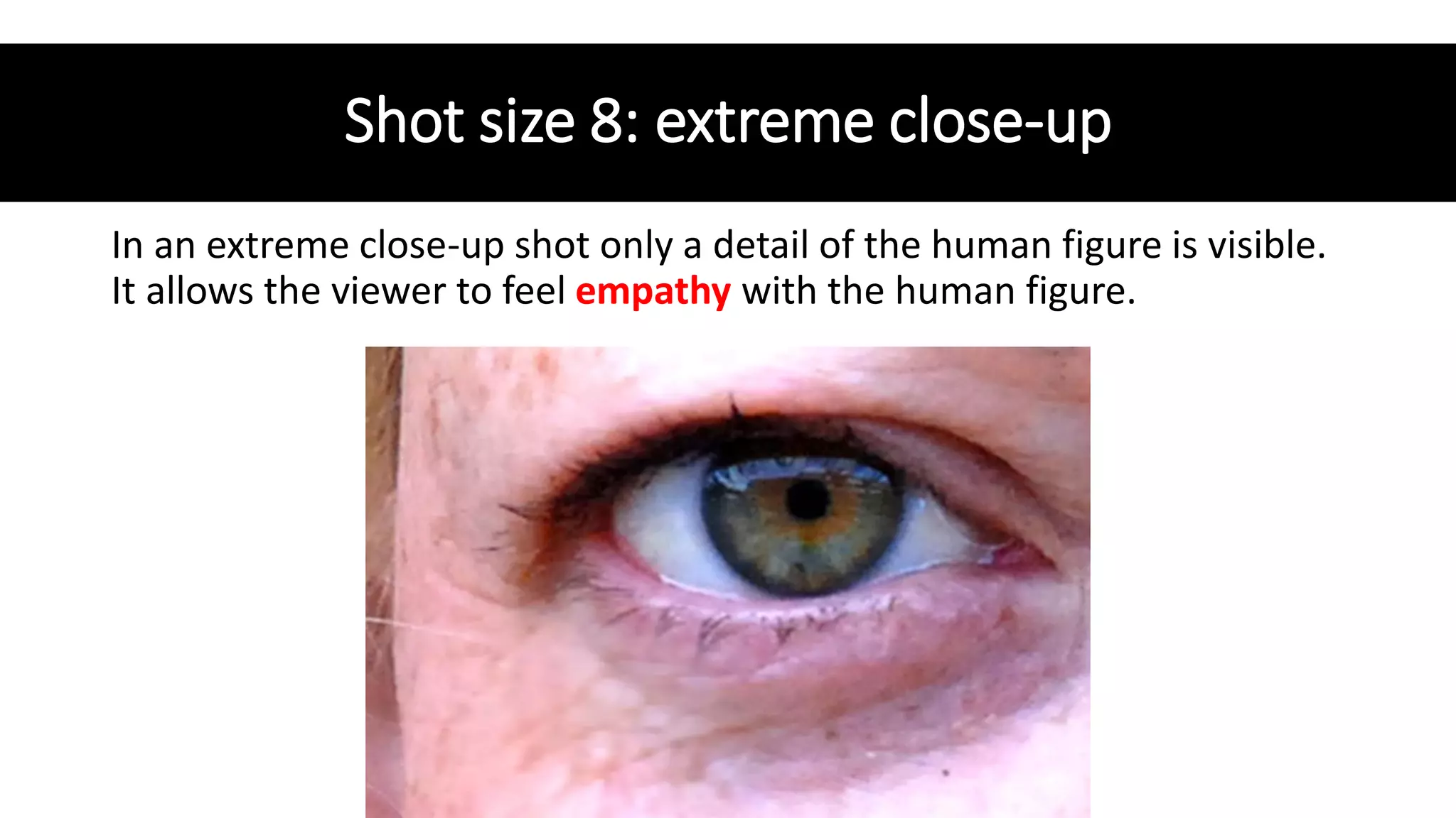Shot size 8: extreme close-up
In an extreme close-up shot only a detail of the human figure is visible.
It allows the viewer to feel empathy with the human figure.
 