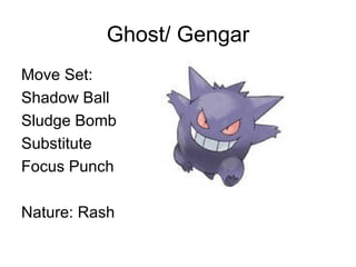 Ghost/ Gengar Move Set: Shadow Ball Sludge Bomb Substitute Focus Punch Nature: Rash