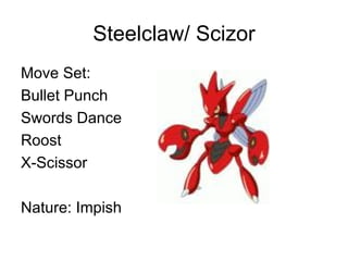 Steelclaw/ Scizor Move Set: Bullet Punch Swords Dance Roost X-Scissor Nature: Impish