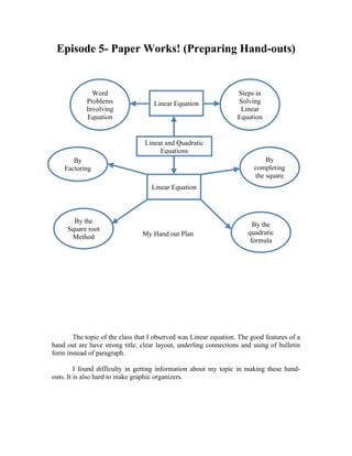 Episode 5- Paper Works! (Preparing Hand-outs)


              Word                                                Steps in
            Problems                Linear Equation               Solving
            Involving                                              Linear
            Equation                                              Equation


                                 Linear and Quadratic
                                      Equations
       By                                                                   By
    Factoring                                                           completing
                                                                        the square
                                   Linear Equation



       By the
                                                                        By the
     Square root
                                My Hand out Plan                      quadratic
      Method
                                                                       formula




       The topic of the class that I observed was Linear equation. The good features of a
hand out are have strong title, clear layout, underling connections and using of bulletin
form instead of paragraph.

         I found difficulty in getting information about my topic in making these hand-
outs. It is also hard to make graphic organizers.
 
