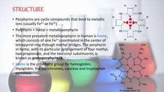 STRUCTURE
• Porphyrins are cyclic compounds that bind to metallic
ions (usually Fe2+ or Fe3+)
• Porphyrin + metal = metalloporphyrin
• The most prevalent metallopophyrin in human is heme,
which consists of one Fe2+ coordinated in the center of
tetrapyrrol ring through methyl bridges. The porphyrin
in heme, with its particular arrangement of four methyl,
two propionate, and the two vinyl substituents, is
known as protoporphyrin IX.
• Heme is the prosthetic group for hemoglobin,
myoglobin, the cytochromes, catalase and tryptophan
pyrrolase.
 