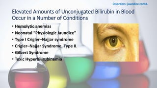 Elevated Amounts of Unconjugated Bilirubin in Blood
Occur in a Number of Conditions
• Hemolytic anemias
• Neonatal “Physiologic Jaundice”
• Type I Crigler–Najjar syndrome
• Crigler–Najjar Syndrome, Type II.
• Gilbert Syndrome
• Toxic Hyperbilirubinemia
Disorders: jaundice contd.
 