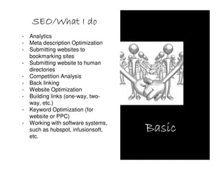 SEO/What I do
-   Analytics
-   Meta description Optimization
-   Submitting websites to
    bookmarking sites
-   Submitting website to human
    directories
-   Competition Analysis
-   Back linking
-   Website Optimization
-   Building links (one-way, two-
    way, etc.)
-   Keyword Optimization (for
    website or PPC)
-   Working with software systems,
    such as hubspot, infusionsoft,   Basic
    etc.
 