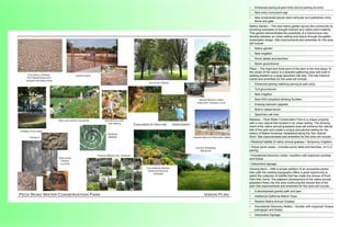 •	   Enhanced paving at park entry and at parking lot entry
•	   New entry monument sign
•	   New ornamental tubular steel vehicular and pedestrian entry
     fence and gate
Native Garden – The new native garden serves the community by
providing examples of drought-tolerant and native plant material.
This garden demonstrates the possibility of a harmonious rela-
tionship between an urban setting and nature through thoughtful
sustainable design. Site improvements and amenities for this area
will include:
•	   Native garden
•	   New irrigation
•	   Picnic tables and benches
•	   Mulch groundcover
Plaza – The heart and focal point of the park is the new plaza. At
the center of the space is a peaceful gathering area with built-in
seating shaded by a large specimen oak tree. The site improve-
ments and amenities for this area will include:
•	   Enhanced paving matching paving at park entry
•	   Turf groundcover
•	   New irrigation
•	   New ADA compliant drinking fountain
•	   Existing restroom upgrade
•	   Built in raised bench
•	   Specimen oak tree
Meadow – Peck Water Conservation Park is a unique property
with a very natural feel located in an urban setting. The develop-
ment of the native annual grassland area will enhance the natural
feel of the park and create a unique educational setting for the
history of Native American inhabitants along the San Gabriel
River. Site improvements and amenities for this area will include:
• Restored habitat of native annual grasses / Temporary Irrigation
• Group picnic areas – includes picnic table and benches, on D.G.
paving.
• Educational discovery nodes –boulders with engraved symbols
and fossils.
• Interpretive signage.
Viewing Berm – With a simple addition of an accessible pedes-
trian path the existing topography offers a great opportunity to
watch the collection of wildlife that has made the shores of Peck
Park their home. The adjacent development of the native annual
grassland flows into this area continuing the natural feel of the
park Site improvements and amenities for this area will include: 	
•	   A decomposed granite path and pad.
•	   Additional California Native Trees
•	   Restore Native Annual Grasses
•	   Educational Discovery Nodes – boulder with engraved Tongva
     petroglyph and fossils.
•	   Interpretive Signage
 