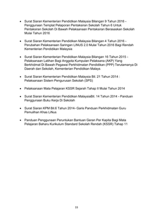 33
 Surat Siaran Kementerian Pendidikan Malaysia Bilangan 9 Tahun 2016 -
Penggunaan Templat Pelaporan Pentaksiran Sekolah Tahun 6 Untuk
Pentaksiran Sekolah Di Bawah Pelaksanaan Pentaksiran Berasaskan Sekolah
Mulai Tahun 2016
 Surat Siaran Kementerian Pendidikan Malaysia Bilangan 4 Tahun 2016 -
Perubahan Pelaksanaan Saringan LINUS 2.0 Mulai Tahun 2016 Bagi Rendah
Kementerian Pendidikan Malaysia
 Surat Siaran Kementerian Pendidikan Malaysia Bilangan 16 Tahun 2015 -
Pelaksanaan Latihan Bagi Anggota Kumpulan Pelaksana (AKP) Yang
Berkhidmat Di Bawah Pegawai Perkhidmatan Pendidikan (PPP) Terutamanya Di
Daerah dan Sekolah, Kementerian Pendidikan Malays
 Surat Siaran Kementerian Pendidikan Malaysia Bil. 21 Tahun 2014 :
Pelaksanaan Sistem Pengurusan Sekolah (SPS)
 Pelaksanaan Mata Pelajaran KSSR Sejarah Tahap II Mulai Tahun 2014
 Surat Siaran Kementerian Pendidikan MalaysiaBil. 14 Tahun 2014 - Panduan
Penggunaan Buku Kerja Di Sekolah
 Surat Siaran KPM Bil.6 Tahun 2014- Garis Panduan Perkhidmatan Guru
Pemulihan Khas LiNus
 Panduan Penggunaan Peruntukan Bantuan Geran Per Kapita Bagi Mata
Pelajaran Baharu Kurikulum Standard Sekolah Rendah (KSSR) Tahap 11
 