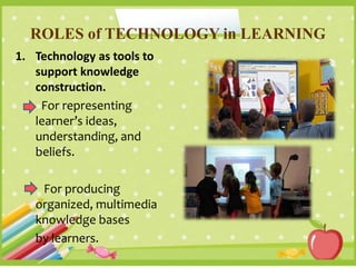 ROLES of TECHNOLOGY in LEARNING
1. Technology as tools to
support knowledge
construction.
For representing
learner’s ideas,
understanding, and
beliefs.
For producing
organized, multimedia
knowledge bases
by learners.
 