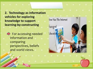 2. Technology as information
vehicles for exploring
knowledge to support
learning-by-constructing
For accessing needed
information and
comparing
perspectives, beliefs
and world views.
 