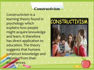Constructivism is a
learning theory found in
psychology which
explains how people
might acquire knowledge
and learn. It therefore
has direct application to
education. The theory
suggests that humans
construct knowledge and
meaning from their
experiences.
Constructivism
 