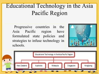 Educational Technology in the Asia
Pacific Region
Progressive countries in the
Asia Pacific region have
formulated state policies and
strategies to infuse technology in
schools.
 