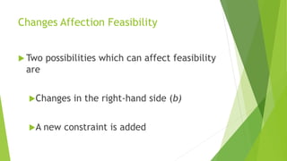 Changes Affection Feasibility 
Two possibilities which can affect feasibility are 
Changes in the right-hand side (b) 
A new constraint is added  