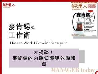 麥肯錫 式 工作術 How to Work Like a McKinsey-ite 大揭祕！ 麥肯錫的內隱知識與外顯知識 