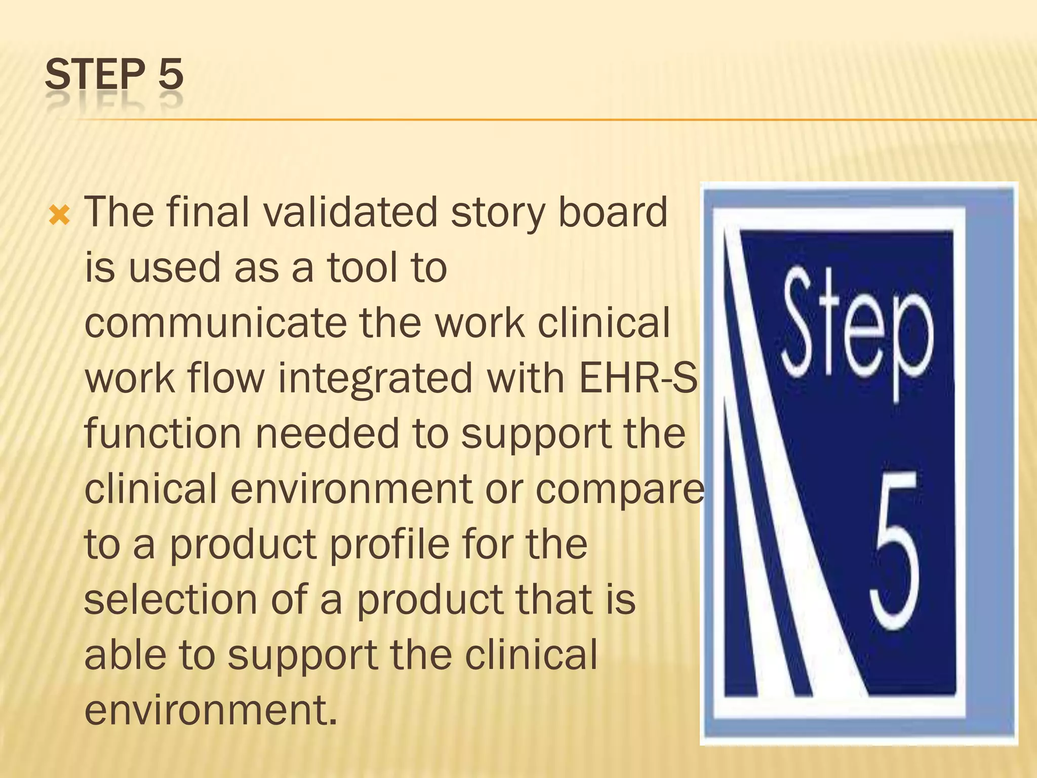 STEP 5


The final validated story board
is used as a tool to
communicate the work clinical
work flow integrated with EHR-S
function needed to support the
clinical environment or compare
to a product profile for the
selection of a product that is
able to support the clinical
environment.

 