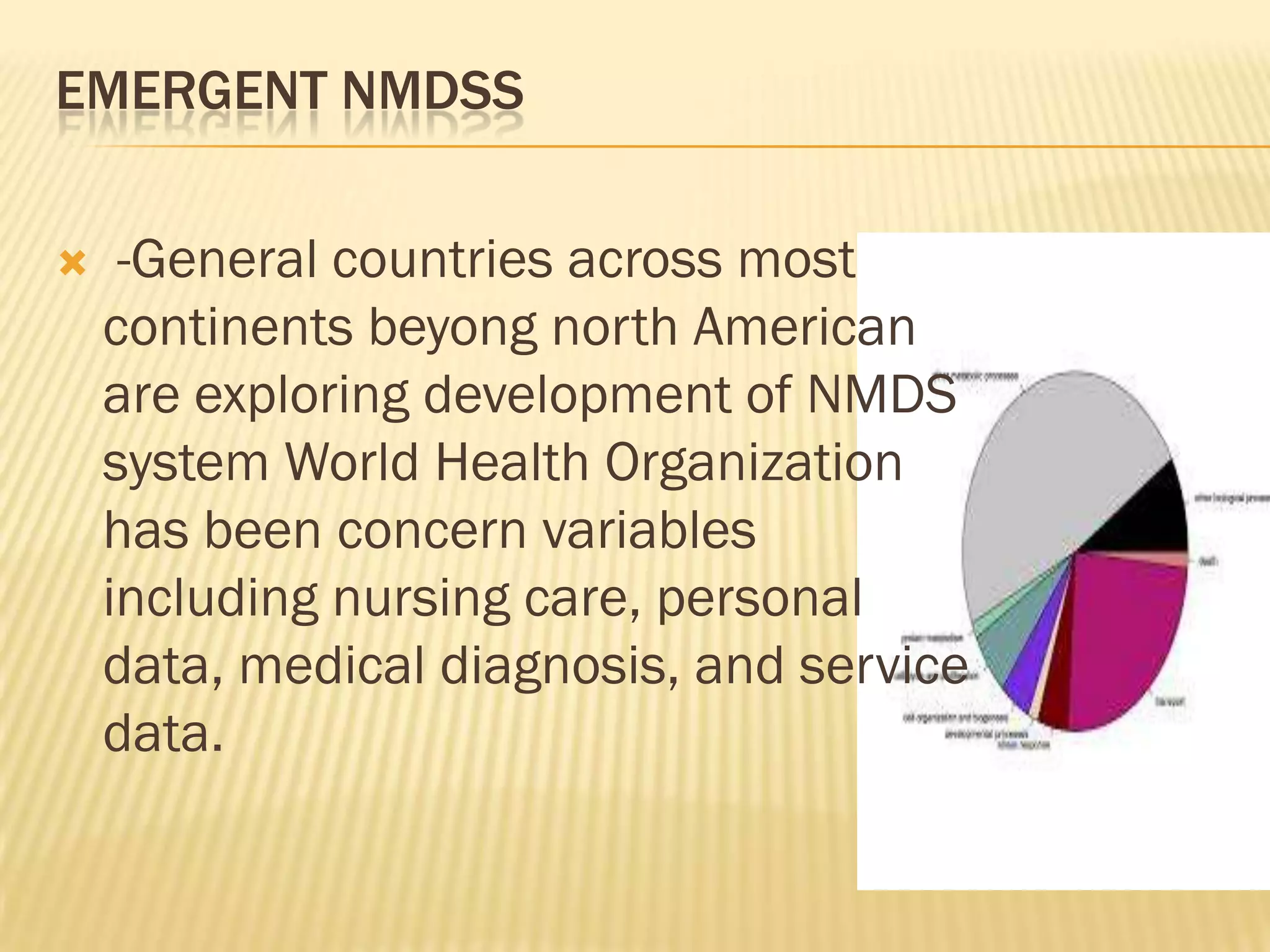 EMERGENT NMDSS


-General countries across most
continents beyong north American
are exploring development of NMDS
system World Health Organization
has been concern variables
including nursing care, personal
data, medical diagnosis, and service
data.

 