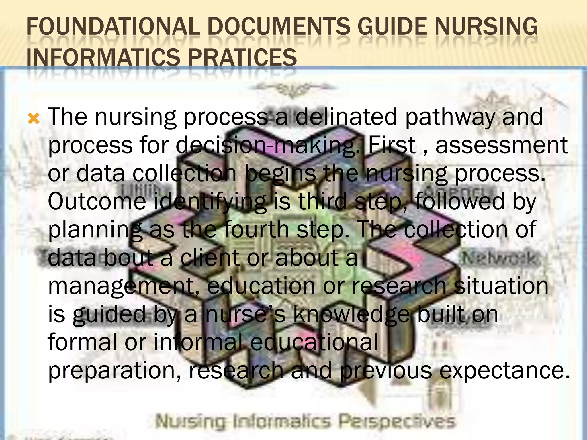 FOUNDATIONAL DOCUMENTS GUIDE NURSING
INFORMATICS PRATICES


The nursing process a delinated pathway and
process for decision-making. First , assessment
or data collection begins the nursing process.
Outcome identifying is third step, followed by
planning as the fourth step. The collection of
data bout a client or about a
management, education or research situation
is guided by a nurse‟s knowledge built on
formal or informal educational
preparation, research and previous expectance.

 
