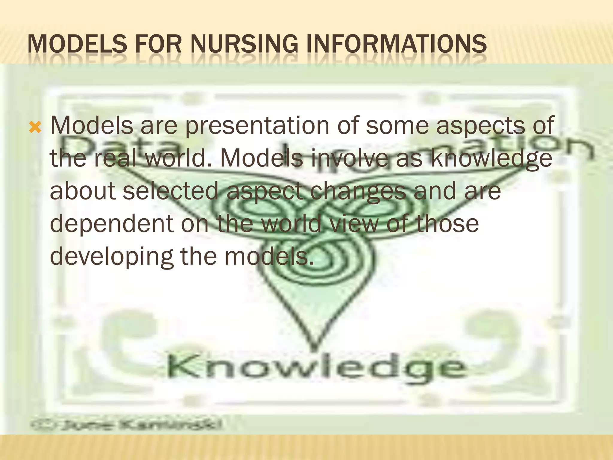 MODELS FOR NURSING INFORMATIONS


Models are presentation of some aspects of
the real world. Models involve as knowledge
about selected aspect changes and are
dependent on the world view of those
developing the models.

 