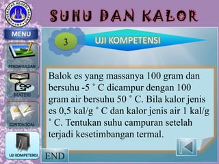 SUHU DAN KALOR
MENU

3

UJI KOMPETENSI

Balok es yang massanya 100 gram dan
bersuhu -5 ˚ C dicampur dengan 100
gram air bersuhu 50 ˚ C. Bila kalor jenis
es 0,5 kal/g ˚ C dan kalor jenis air 1 kal/g
˚ C. Tentukan suhu campuran setelah
terjadi kesetimbangan termal.
END

 