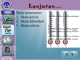 Lanjutan...
MENU

Skala termometer:
1. Skala kelvin
2. Skala fahrenheit
3. Skala celcius

 