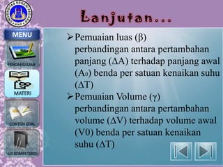 Lanjutan...
MENU

Pemuaian luas (β)
perbandingan antara pertambahan
panjang (∆A) terhadap panjang awal
(A0) benda per satuan kenaikan suhu
(∆T)
Pemuaian Volume (γ)
perbandingan antara pertambahan
volume (∆V) terhadap volume awal
(V0) benda per satuan kenaikan
suhu (∆T)

 