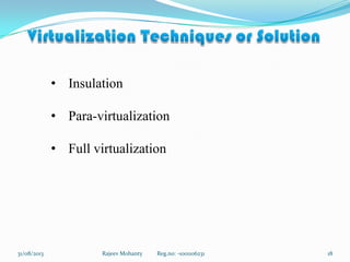 Rajeev Mohanty Reg.no: -1001106231 1831/08/2013
• Insulation
• Para-virtualization
• Full virtualization
 