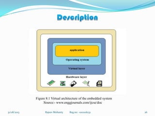 Rajeev Mohanty Reg.no: -1001106231 2631/08/2013
Figure 8.1 Virtual architecture of the embedded system
Source:- www.enggjournals.com/ijcse/doc
 