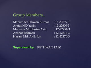Group Members,,
Mazumder Shovon Kumar : 12-22755-3
Arafat MD,Yasin : 12-22600-3
Muneem Muhtasim Aziz : 12-22751-3
Azazur Rahman : 12-22816-3
Hasan, Md. Akik Ibn : 12-22470-3
Supervised by: RETHWAN FAIZ
 