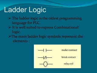 Ladder Logic
 The ladder logic is the oldest programming
language for PLC.
 It is well suited to express Combinational
logic.
The main ladder logic symbols represent the
elements :
make contact
break contact
relay coil
 