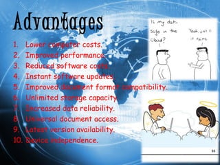 Advantages 
1. Lower computer costs. 
2. Improved performance. 
3. Reduced software costs. 
4. Instant software updates. 
5. Improved document format compatibility. 
6. Unlimited storage capacity. 
7. Increased data reliability. 
8. Universal document access. 
9. Latest version availability. 
10. Device independence. 
 