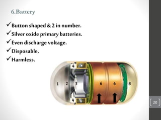 6.Battery
Button shaped & 2 innumber.
Silveroxide primarybatteries.
Even dischargevoltage.
Disposable.
Harmless.
20
 