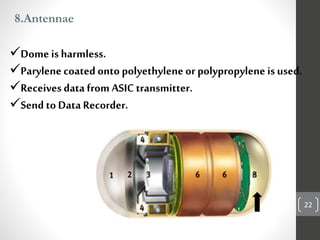 8.Antennae
Dome is harmless.
Parylene coated onto polyethylene or polypropylene is used.
Receives data from ASIC transmitter.
Send to Data Recorder.
22
 
