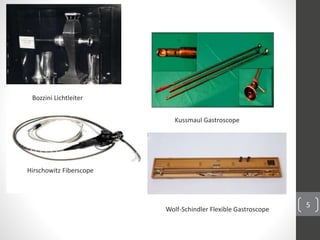 5
Bozzini Lichtleiter
Hirschowitz Fiberscope
Kussmaul Gastroscope
Wolf-Schindler Flexible Gastroscope
 